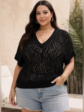 Lane Bryant Crochet Sweater 14/20 Black Open Knit Boho Beach Cover Up Plus